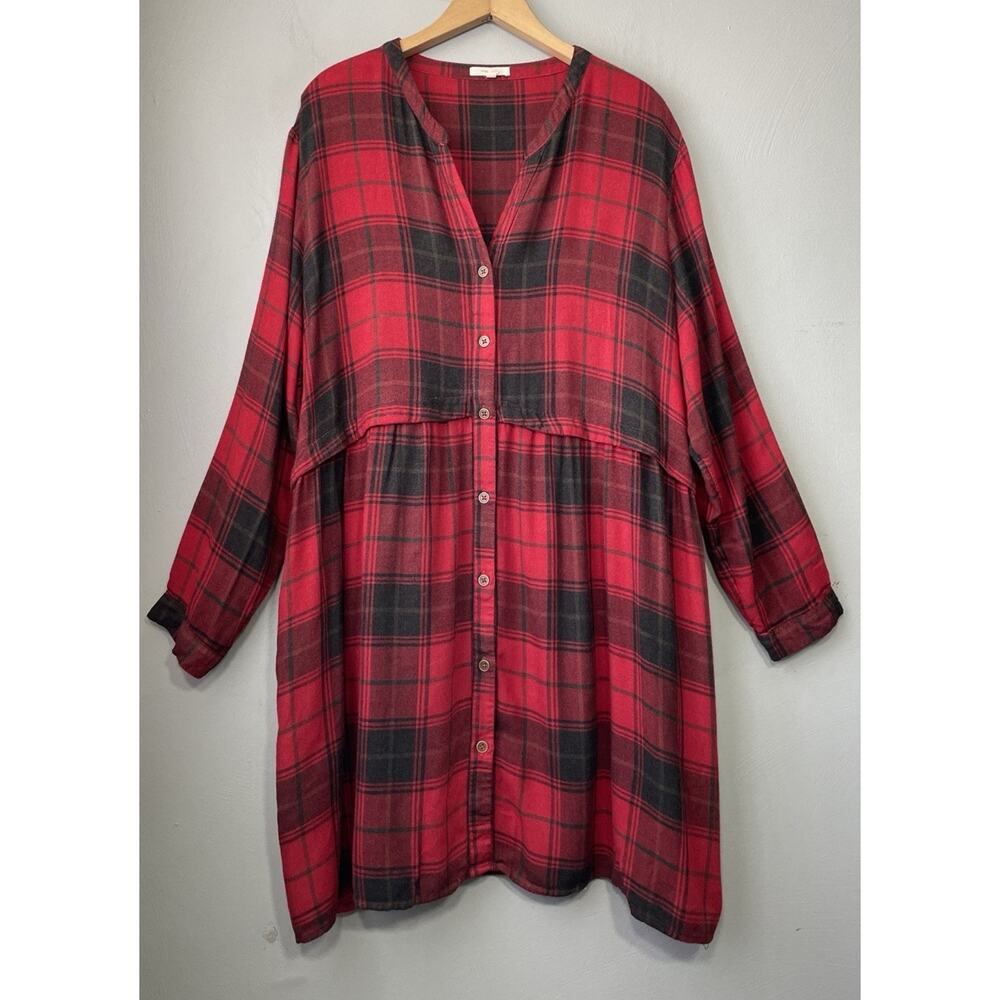 Red Plaid Flannel Shirt Dress Plus Size 2 2X Babydoll Renaissance Boho Tartan